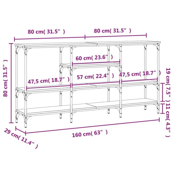vidaXL Konsollbord brun eik 160x29x80 cm konstruert tre
