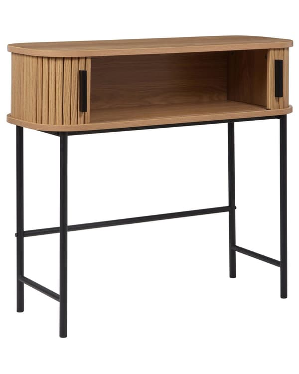 Konsolipöytä vaalea puu 80 x 30 cm MDF-levy rautajalat liukuovet hylly retro