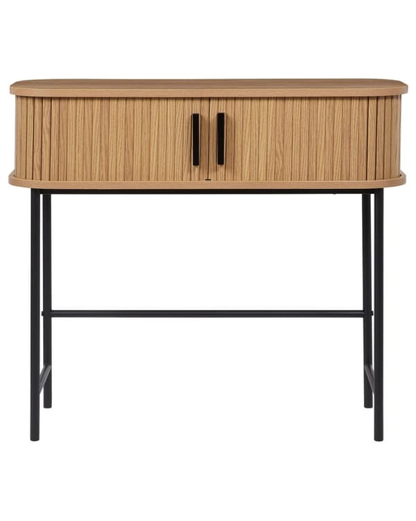 Konsolipöytä vaalea puu 80 x 30 cm MDF-levy rautajalat liukuovet hylly retro