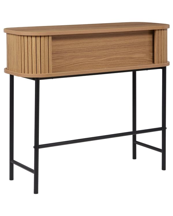 Konsolipöytä vaalea puu 80 x 30 cm MDF-levy rautajalat liukuovet hylly retro