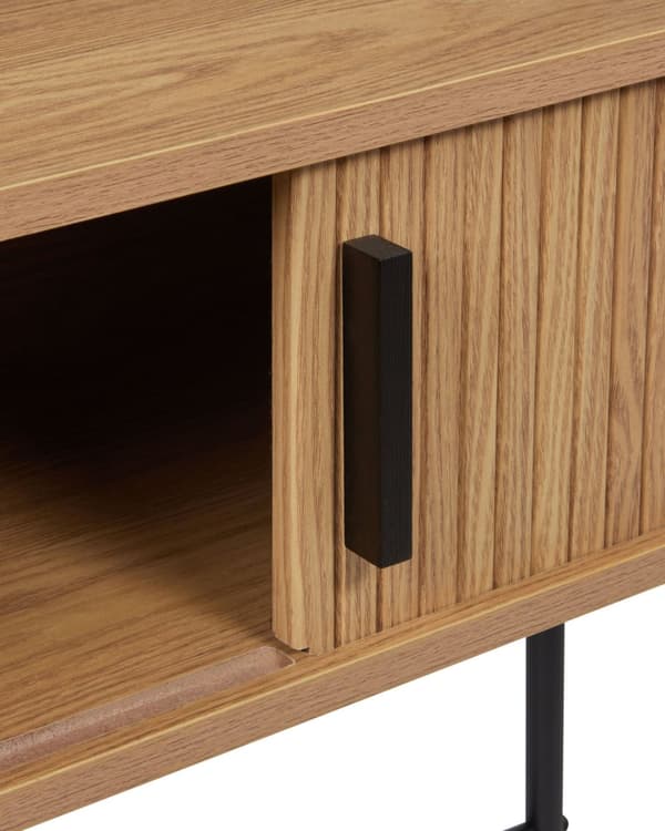 Konsolipöytä vaalea puu 80 x 30 cm MDF-levy rautajalat liukuovet hylly retro