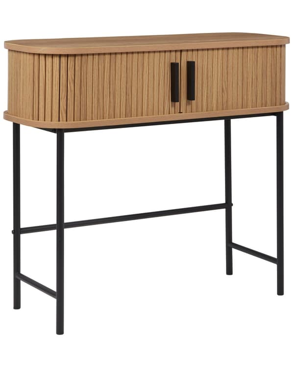 Konsolipöytä vaalea puu 80 x 30 cm MDF-levy rautajalat liukuovet hylly retro