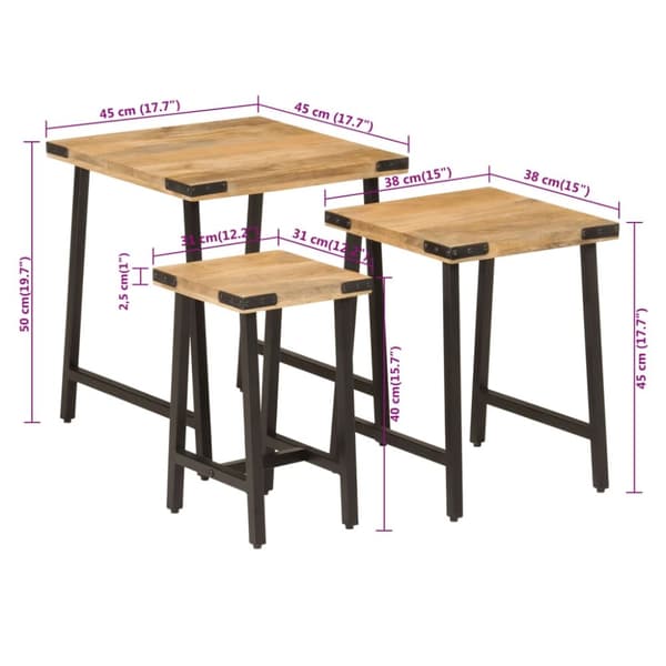 vidaXL Stablebare salongbord 3 stk heltre mango og jern