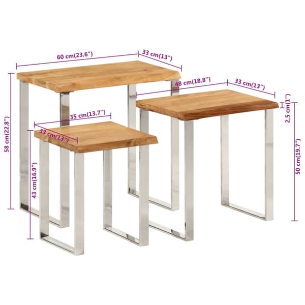 vidaXL Stablebord med naturlig kant 3 stk heltre akasie