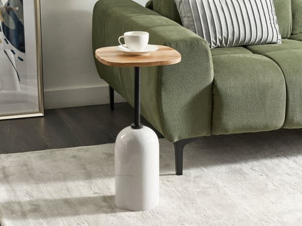 Sidebord Hvit Lyst tre Metall 30 x 59 x 30 cm Marmoreffekt Bordplate i akasietre Rund og geometrisk form Moderne design Småbord