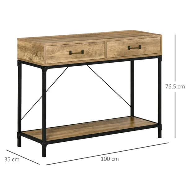 Rootz-konsolipöytä - eteinen - Sivupöytä - 2 laatikkoa - Alempi hylly - Vintage - Metalli - Lastulevy - Ruskea + Musta - 100 x 35 x 76,5 cm