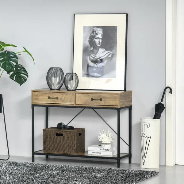 Rootz-konsolipöytä - eteinen - Sivupöytä - 2 laatikkoa - Alempi hylly - Vintage - Metalli - Lastulevy - Ruskea + Musta - 100 x 35 x 76,5 cm