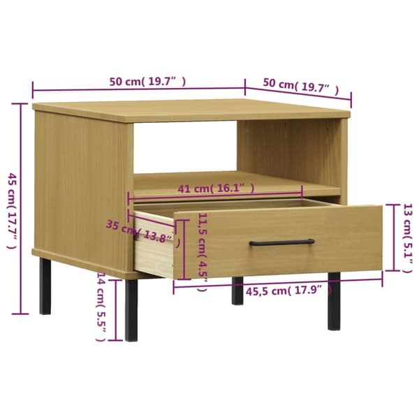 The Living Store sengebord med metalben OSLO massivt fyrretræ brun - Sideborde