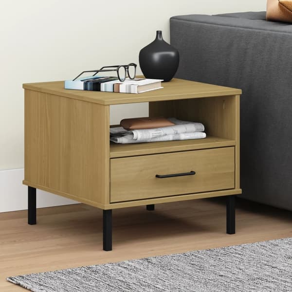 The Living Store sengebord med metalben OSLO massivt fyrretræ brun -  Sideborde
