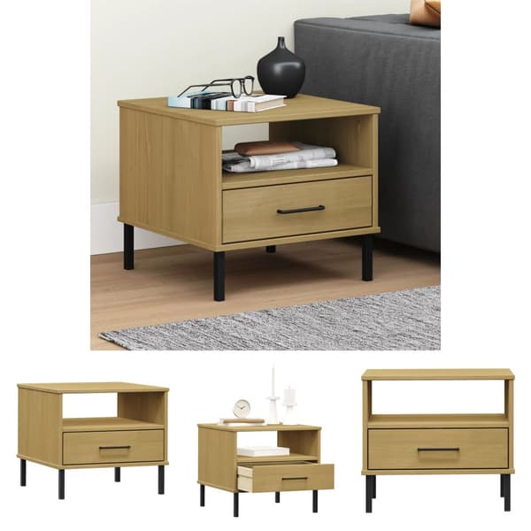 The Living Store sengebord med metalben OSLO massivt fyrretræ brun - Sideborde