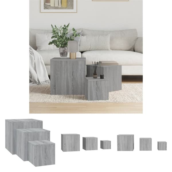 The Living Store Sidobord 3 st grå sonoma konstruerat trä - Avlastningsbord