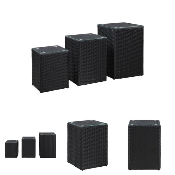 The Living Store sideborde med glastop 3 stk. polyrattan sort -  Sideborde
