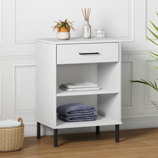 The Living Store Konsolbord med metallben OSLO vit massiv furu - Avlastningsbord