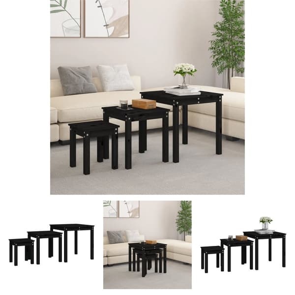 The Living Store Satsbord 3 st svart massiv furu -  Avlastningsbord