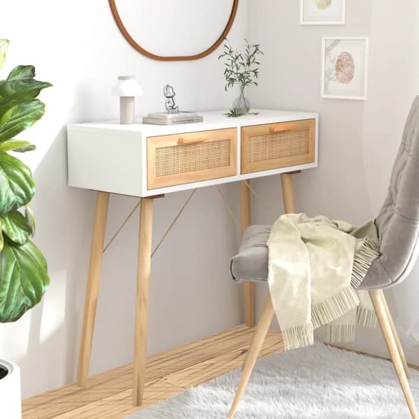 Apupöydät - Living Konsolipöytä valkoinen 80x30x75 cm täysi mänty ja rottinki