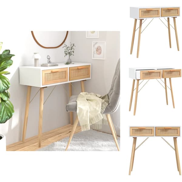 Sideborde - Living konsolbord 80x30x75 cm massivt fyrretræ og naturlig rattan hvid