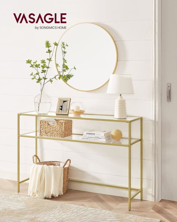 Rootz guldfarvet gennemsigtigt glaskonsolbord - Stålstel - Entrébord - Sofabord - Robust konstruktion - Rummelige hylder - 35 cm x 120 cm x 80 cm