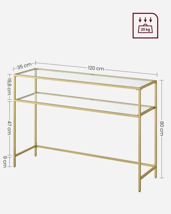 Rootz guldfarvet gennemsigtigt glaskonsolbord - Stålstel - Entrébord - Sofabord - Robust konstruktion - Rummelige hylder - 35 cm x 120 cm x 80 cm