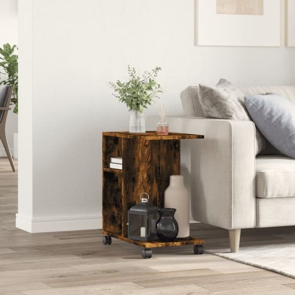 vidaXL sidebord med hjul 50x30x55 cm konstrueret træ røget egetræ