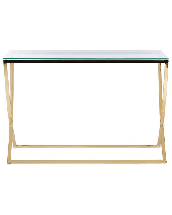 Konsolbord i guld med stel i rustfrit stål og glasplade i glamourstil