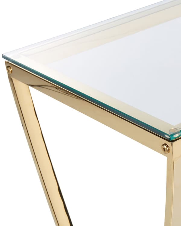 Konsolbord i guld med stel i rustfrit stål og glasplade i glamourstil