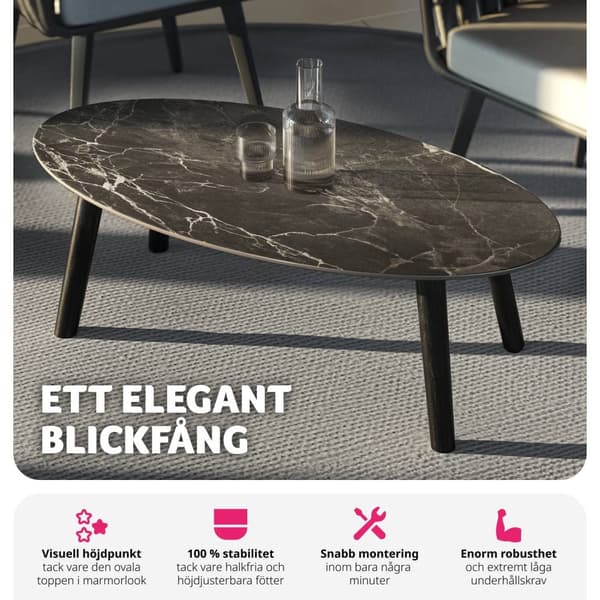 Ovalt Soffbord Acerra, marmorlook 100x50x34,5 cm - svart