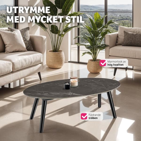 Ovalt Soffbord Acerra, marmorlook 100x50x34,5 cm - svart