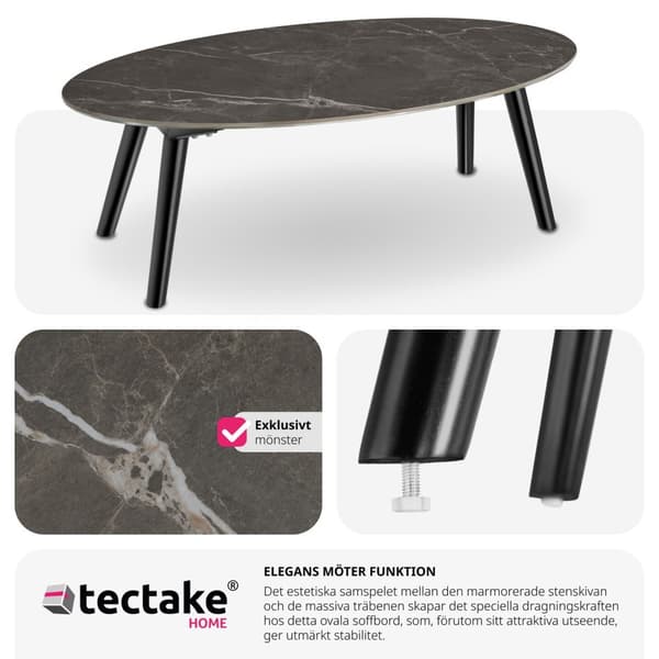 Ovalt Soffbord Acerra, marmorlook 100x50x34,5 cm - svart