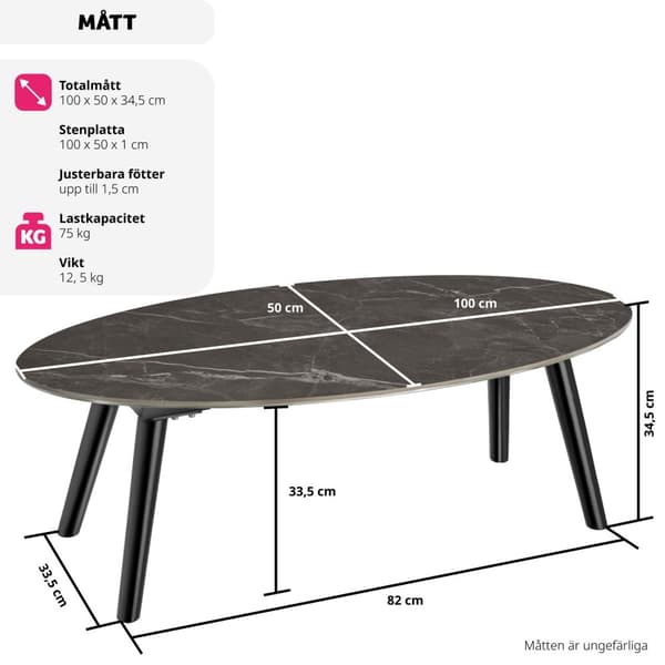 Ovalt Soffbord Acerra, marmorlook 100x50x34,5 cm - svart
