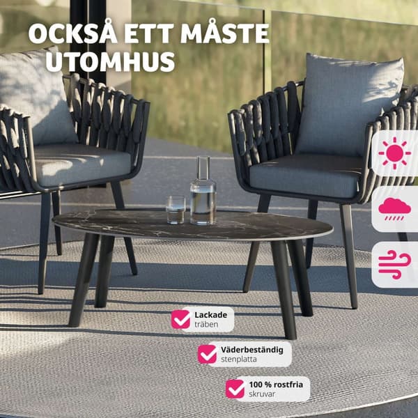 Ovalt Soffbord Acerra, marmorlook 100x50x34,5 cm - svart