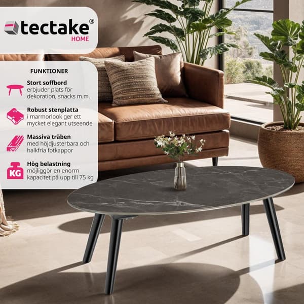 Ovalt Soffbord Acerra, marmorlook 100x50x34,5 cm - svart