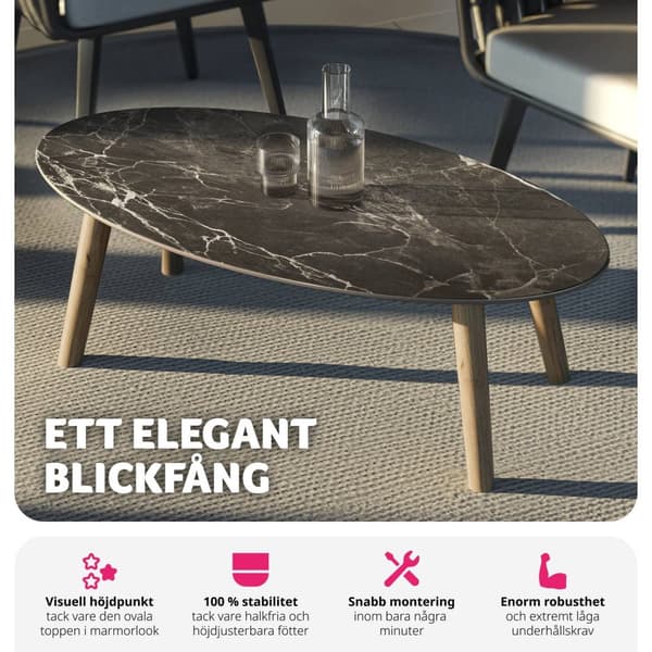 Ovalt Soffbord Acerra, marmorlook 100x50x34,5 cm - natur