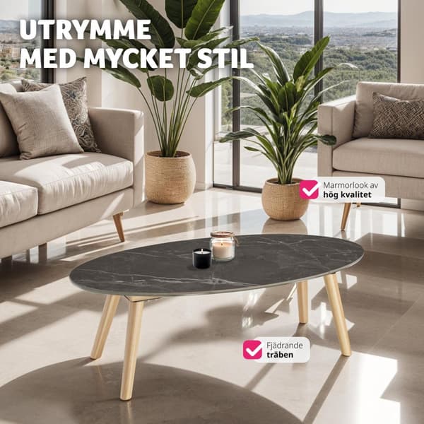 Ovalt Soffbord Acerra, marmorlook 100x50x34,5 cm - natur