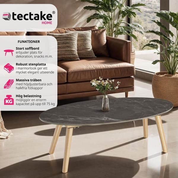 Ovalt Soffbord Acerra, marmorlook 100x50x34,5 cm - natur