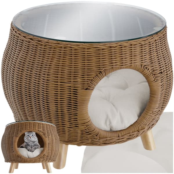 Polyrattan sofabord Tivoli med kæledyrsseng, 75 kg belastbar - natur