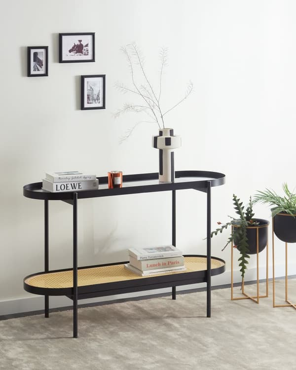 Konsolbord Sort med glasplade Lyst træ Metalramme Hylde Wienerflette Moderne Stil