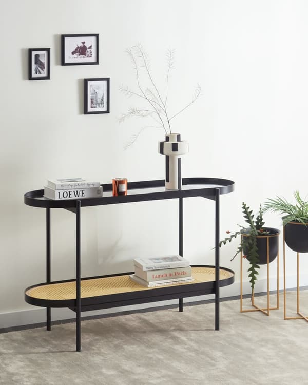 Konsolbord Sort med glasplade Lyst træ Metalramme Hylde Wienerflette Moderne Stil