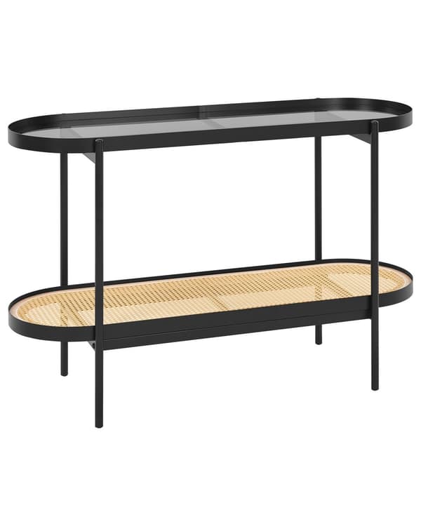 Konsolbord Sort med glasplade Lyst træ Metalramme Hylde Wienerflette Moderne Stil