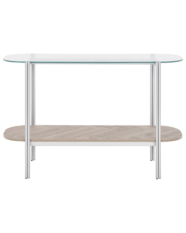 Konsolbord sølv med glasplade i lyst træ metalramme med hylde moderne design