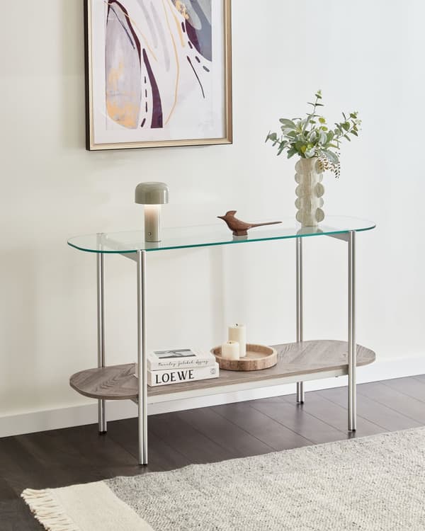 Konsolbord sølv med glasplade i lyst træ metalramme med hylde moderne design