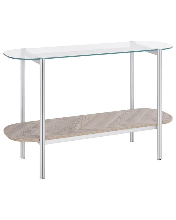 Konsolbord sølv med glasplade i lyst træ metalramme med hylde moderne design