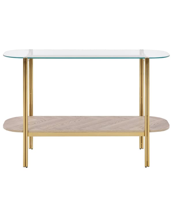Konsolbord Guld med glasplade Lyst træ og metalramme Hylde Moderne design