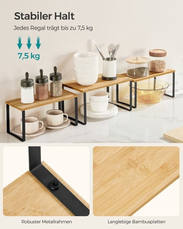 Rootz 3-lags krydderihyldesæt - Metal Bambus Organizer - Vægmonterede hylder - 19 cm x 35 cm x 18 cm - 15 cm x 33 cm x 16 cm, 2,1 kg, 7,5 kg Kapacitet