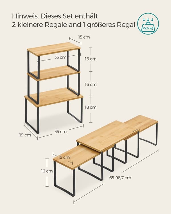Rootz 3-lags krydderihyldesæt - Metal Bambus Organizer - Vægmonterede hylder - 19 cm x 35 cm x 18 cm - 15 cm x 33 cm x 16 cm, 2,1 kg, 7,5 kg Kapacitet