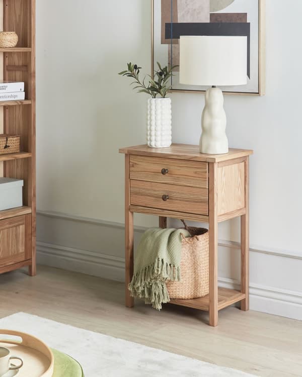 Konsolbord i lyst naturtræ 74 cm 2 skuffer Hylde Gangmøbler Rustikt design moderne