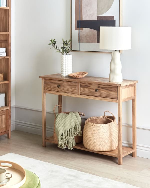 Konsolbord i lyst naturtræ med 2 skuffer Hylder Entremøbel Rustik Design moderne
