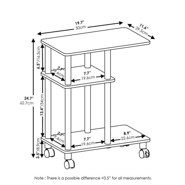 Furinno - 18134 - Turn-N-Tube U-formad soffa sidobord med hjul, Espresso/svart, trä, One Size