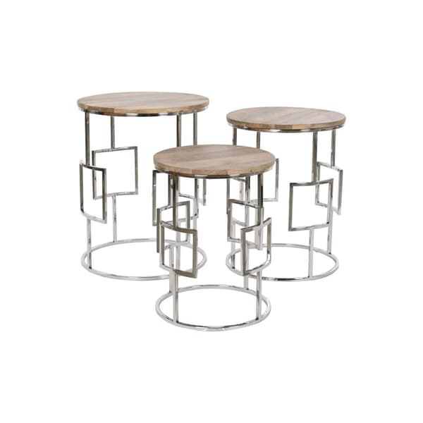 Set of 3 tables Home ESPRIT Ruskea Hopeinen Luonnollinen Teräs Mangopuu 49,5 x 49,5 x 62 cm