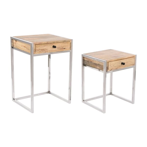 Set of 2 tables Home ESPRIT Ruskea Hopeinen Luonnollinen Teräs Mangopuu 45,5 x 41 x 66,5 cm