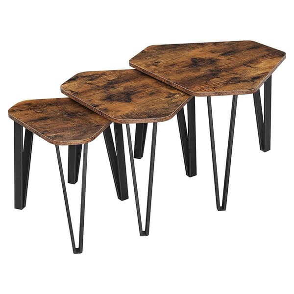 Set med 3 häckbord med stålben och rustik trädekor